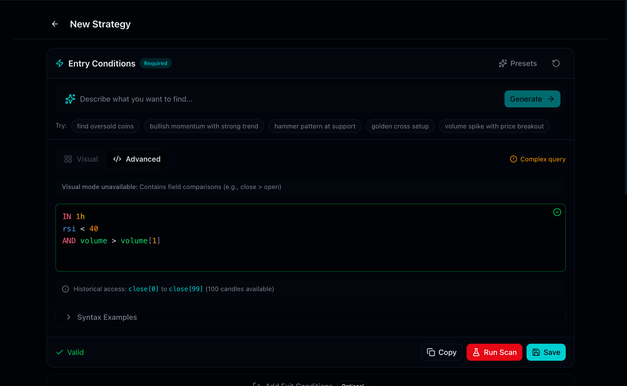 GeckoScreener Strategy Builder — Entry conditions with AI-powered Generate, visual and advanced code editor modes
